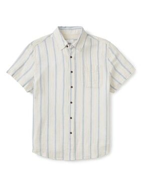 Katin Cream Short-Sleeve Button-Up Shirt with Blue Stripes